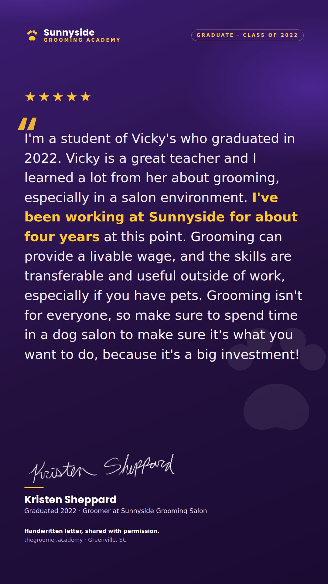 Kristen Sheppard student testimonial: graduated 2022, has worked at Sunnyside for about four years